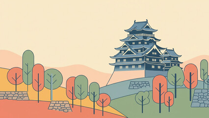 Stylized Japanese Castle on a Hill with Retro Colors