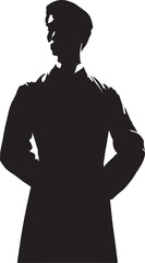 A stylized black silhouette of a man in 1800s asian fashion man uniform, possibly a police officer or military personnel, standing with hands on hips, facing away from the viewer.