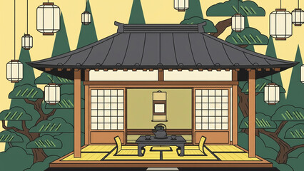 Traditional Japanese Tea House with Garden and Lanterns