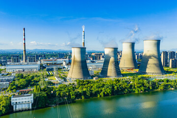 Thermal power plant under blue sky and white clouds
