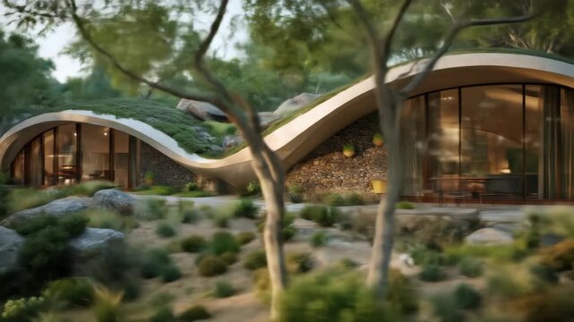 Earth-sheltered home w/ arched roof and large windows, amid greenery