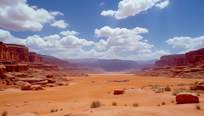 Vast desert landscape under a bright blue sky with scattered clouds creates an immense, arid vista.