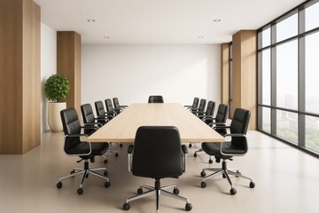 Modern corporate boardroom with black chairs and wood table in bright high-rise office interior with large windows and city background concept.