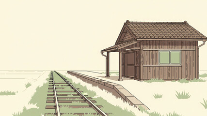 Stylized Rural Japanese Train Station Illustration