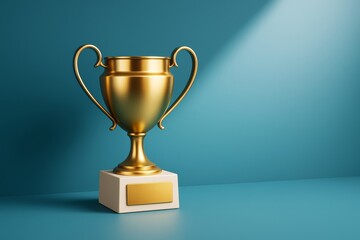 Fototapeta premium Golden trophy cup standing on white base under spotlight on blue background, symbolizing achievement and success in business awards concept.