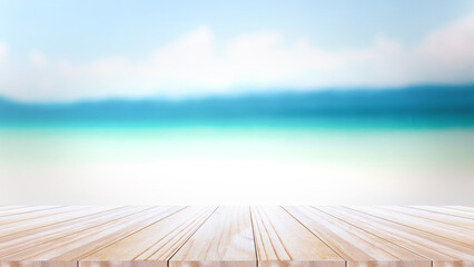 empty of table on top in front of the white beach, background for plain text or products