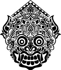 Fototapeta premium An ornate, black illustration of a stylized demon face. Rendered in a traditional Southeast Asian art style