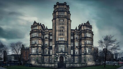 Imposing gothic castle with tall tower under a dramatic cloudy sky