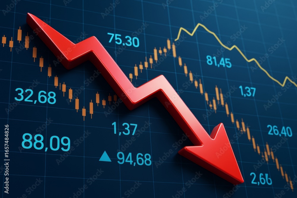 Poster red arrow pointing down over digital stock chart background showing declining financial graph with c