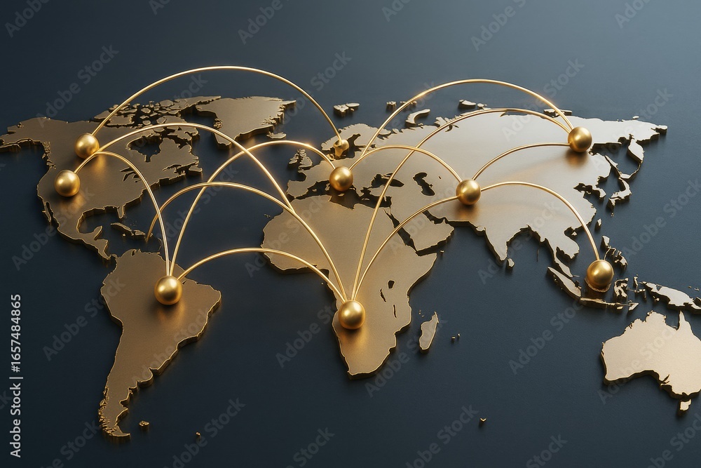 Poster golden world map with glowing connection lines symbolizing global business network on dark backgroun