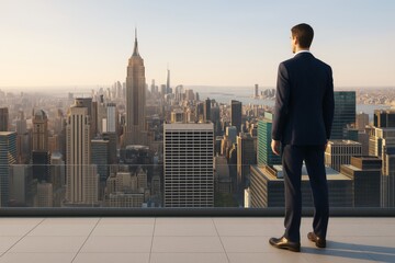 Fototapeta premium Businessman in suit standing on rooftop terrace overlooking modern city skyline at sunrise with clear sky and tall skyscrapers in background.