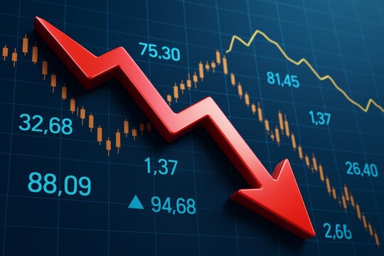 Red arrow pointing down over digital stock chart background showing declining financial graph with candlesticks and data points.