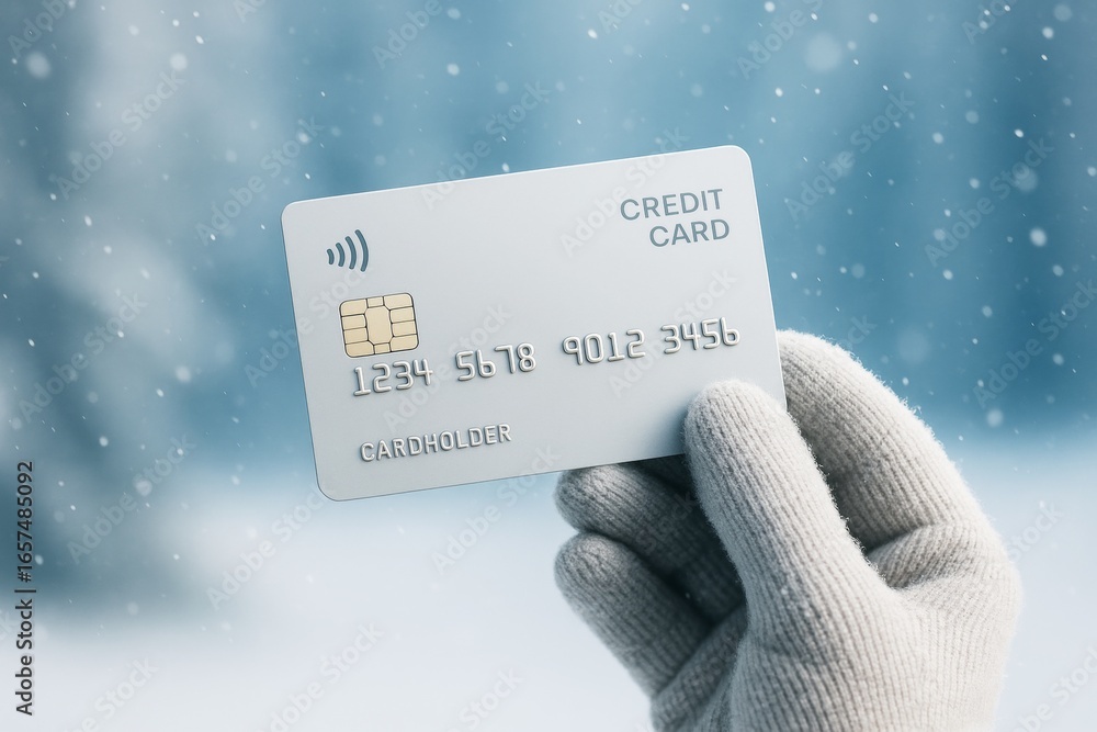 Aufkleber credit card mockup held by gloved hand in snowy winter background for branding and presentation conc