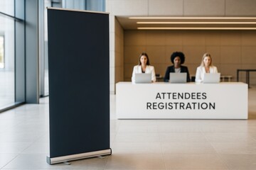 Blank vertical banner mockup in front of modern registration desk with staff using laptops in corporate lobby environment. Ai generative