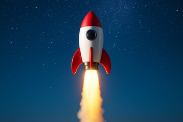 Cartoon-style red and white rocket launching against night sky filled with stars, ideal for creative design or promotion background template. Ai generative