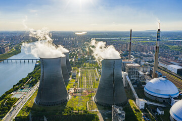 Thermal power plant under blue sky and white clouds