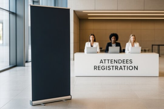 Blank vertical banner mockup in front of modern registration desk with staff using laptops in corporate lobby environment. Ai generative