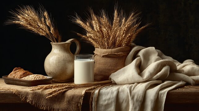 Rustic still life with wheat, bread, milk, and vintage pitcher evokes wholesome, natural nourishment and tradition.