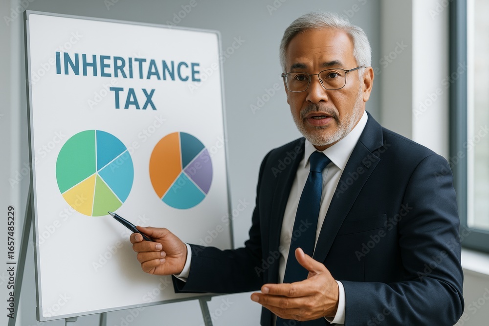 Aufkleber business professional explaining inheritance tax with pie charts during a presentation in bright off