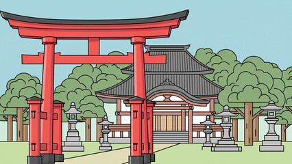 Vector Illustration of a Japanese Shrine with a Torii Gate and Temple
