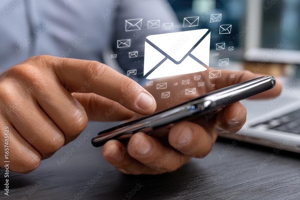 Poster a close-up of a person using a smartphone to check emails. the image displays a modern workspace wit