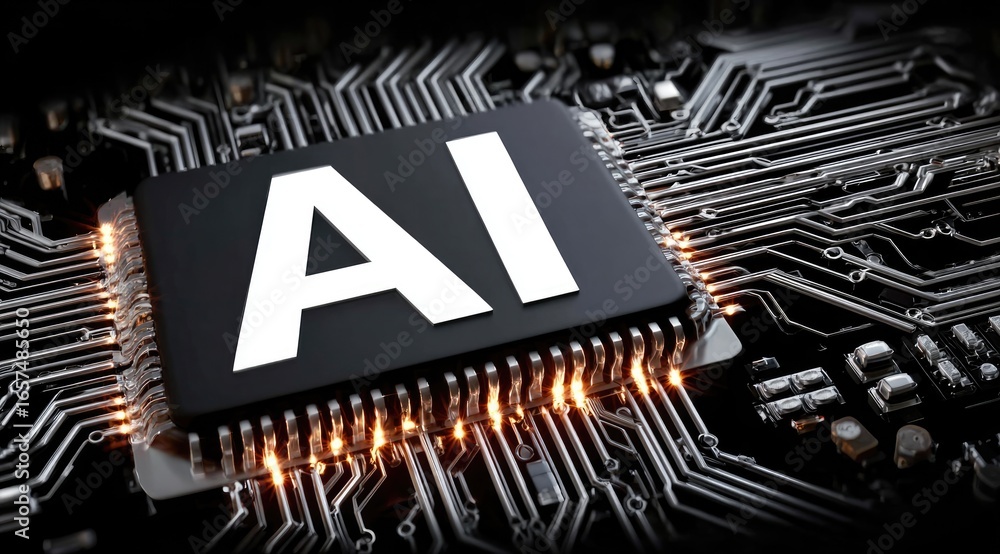Poster a close-up view of a modern microchip that highlights the intricate circuitry and the prominent ai l