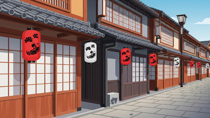 Vector Illustration of a Traditional Japanese Street with Shops and Lanterns