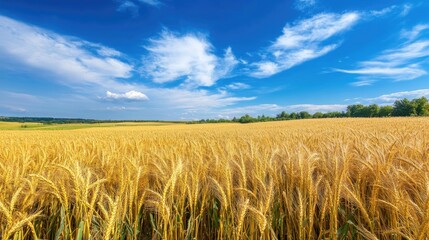 A picturesque view of a golden wheat field under a bright blue sky with fluffy white clouds, showcasing the beauty of agriculture and nature's harmonious landscapes.