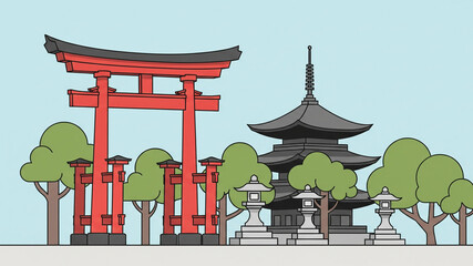 Vector Illustration of Japanese Landmarks: Torii Gate and Pagoda
