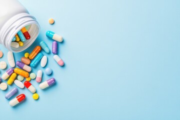 A scattered collection of colorful pills and capsules next to a tilted bottle on a light blue background, representing medication and health care concepts.