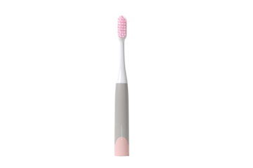 A light gray and pink electric toothbrush.  The brush head is pink, the handle is gray with a pink base.  Simple design