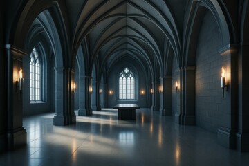 Gothic-style cathedral hall interior with arched ceilings, candle wall lights, and large window casting light over stone floor background. Ai generative