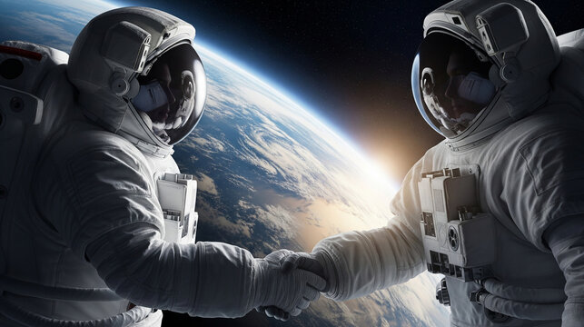 Cosmic Agreement - Two Astronauts Shaking Hands in Orbit as the Sun Rises Over Planet Earth - Powered by Adobe