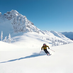 A man skiing powder snow at a ski resort in the Sierra mountains of California