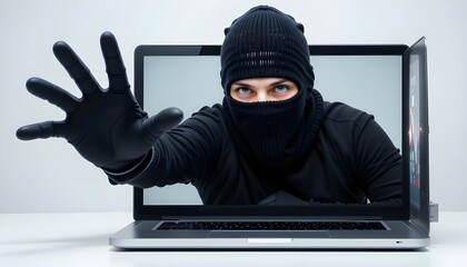 A person wearing black clothing and gloves reaching out from a laptop screen with open hand visible