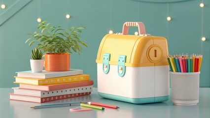Desk with school supplies and plants near background image for mock up design