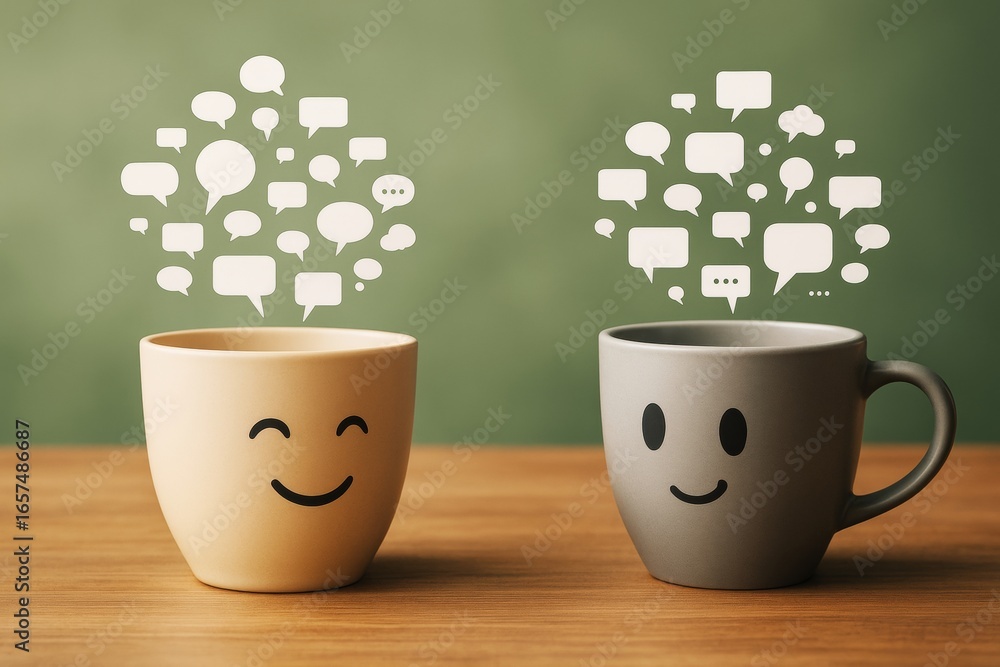 Poster two smiling cups with floating speech bubbles symbolizing communication on a wooden table with green