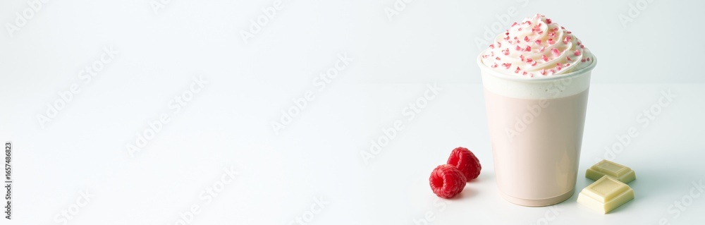 Aufkleber cup of raspberry white chocolate drink with whipped cream and sprinkles on white background with cop
