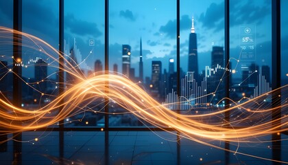 Financial data overlayed on a city skyline with glowing lines connecting points of information