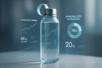 Smart water bottle with digital hydration data and futuristic graphs displayed on a light blue abstract background in a modern tech concept scene. Ai generative