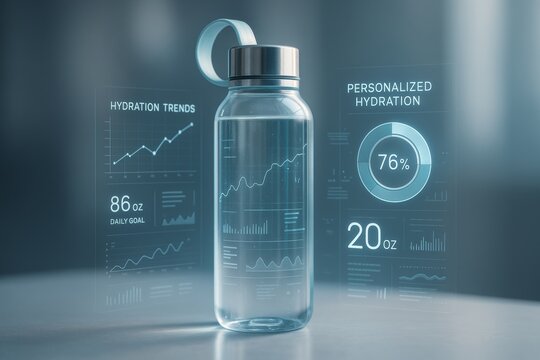 Smart water bottle with digital hydration data and futuristic graphs displayed on a light blue abstract background in a modern tech concept scene. Ai generative