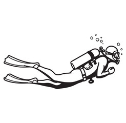 Black and white line art illustration of a scuba diver swimming underwater