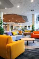 A bright lounge with comfortable couches in a circle Team members sharing book recommendations The mood feels friendly and relaxed, Generative AI