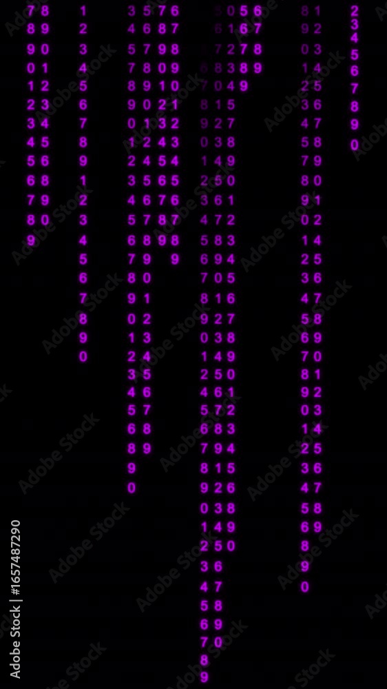 Poster dynamic futuristic purple digital numbers flowing and counting on black screen background