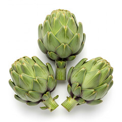 Obraz premium Three Fresh Green Artichokes Stacked on Isolated transparent background