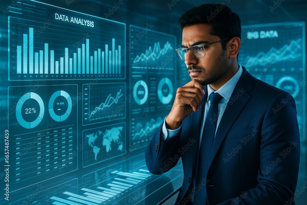 Poster business professional analyzing futuristic financial data dashboards on digital screen interface in 