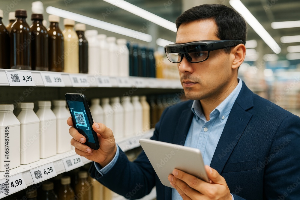 Aufkleber businessman using augmented reality glasses and scanning qr codes in a modern supermarket for produc