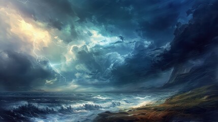 Fototapeta premium Dramatic seascape with stormy clouds and crashing waves