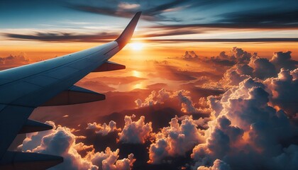 Airplane, airplane wing, flying above the clouds with a view of the sunset sky.