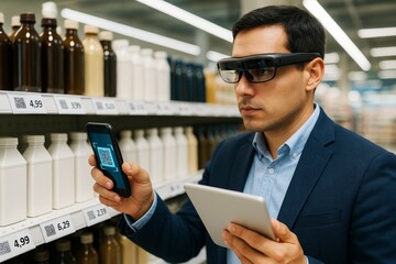 Businessman using augmented reality glasses and scanning QR codes in a modern supermarket for product data analysis and inventory management. Ai generative